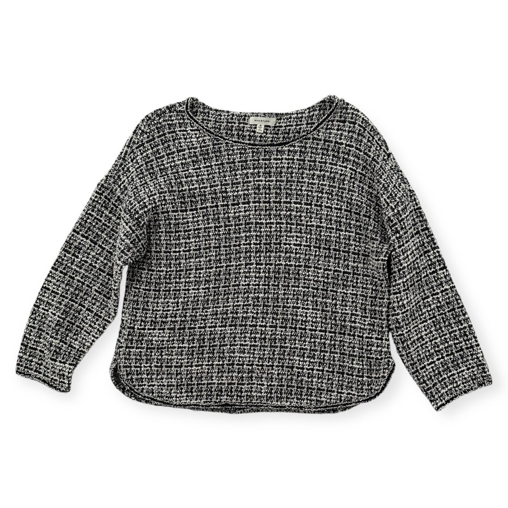 Max Studio Tweed Sweater Womens Medium Knit Gray Black Pull Over Top Long Sleeve